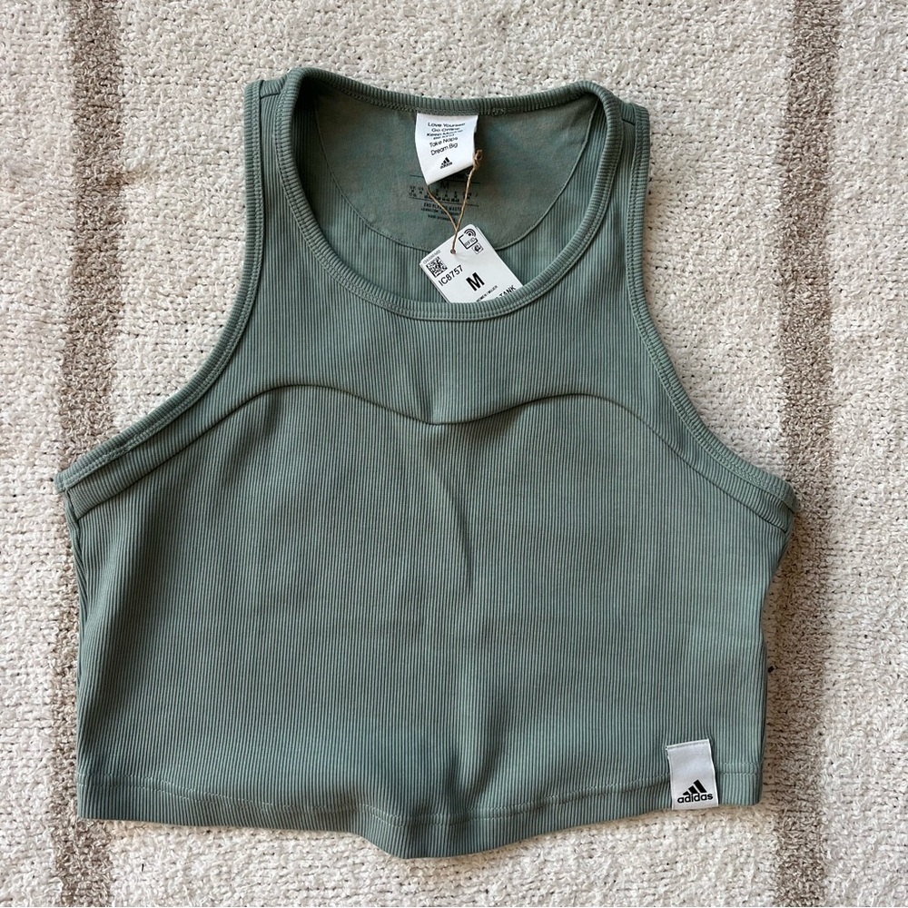 BNWT Sage green adidas high neck ribbed workout crop tank